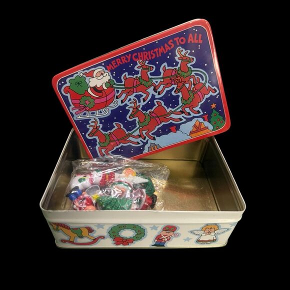 J.S.N.Y. Christmas Tin with Holiday Refrigerator Magnets Set Vintage Style NOS - Picture 1 of 8
